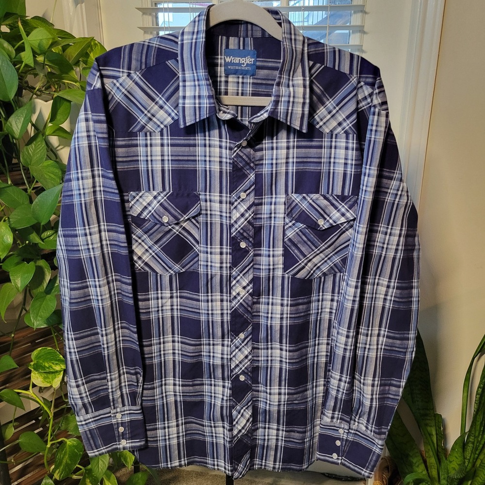 Wrangler Western Shirt Mens 2XL Navy Blue Plaid Pearl Snap Long Sleeve Yoked